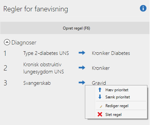 Opsætning Patientoverblik Regler for fanevisning højrekliksmenu